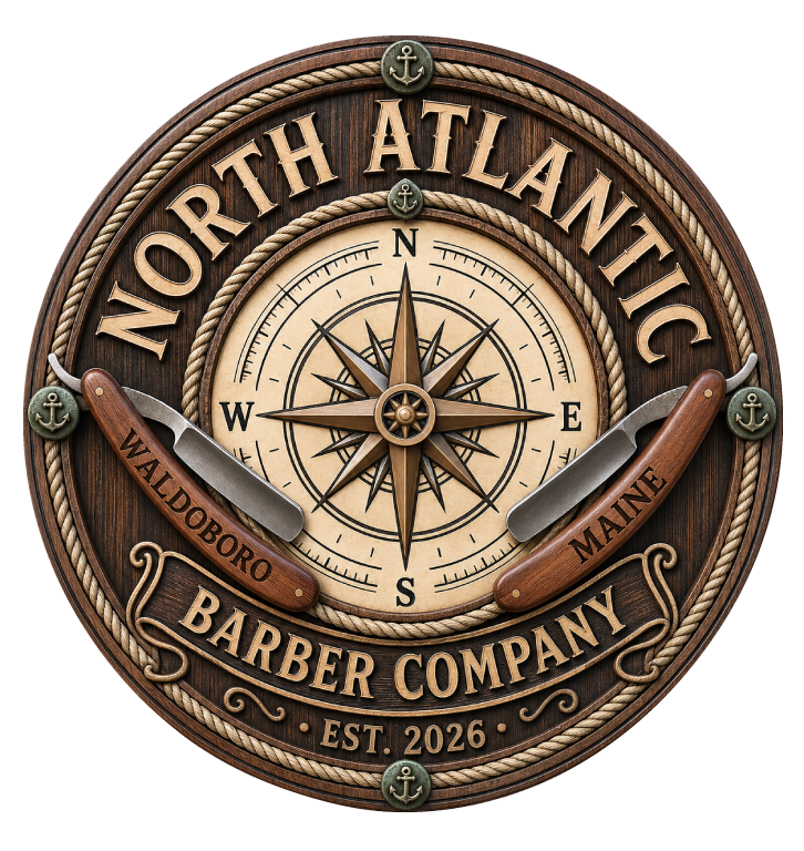 Logo for North Atlantic Barber Company in Waldoboro